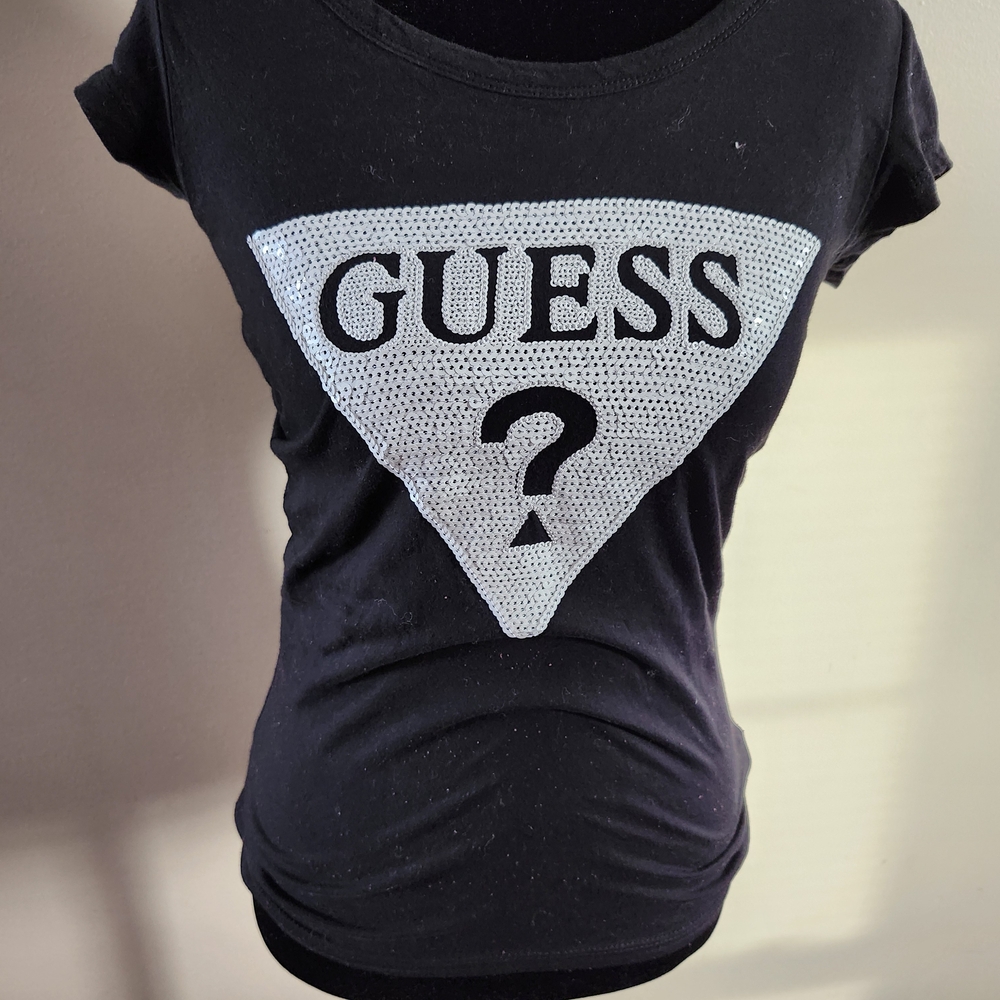 GUESS Black Sequin Logo Women's Top